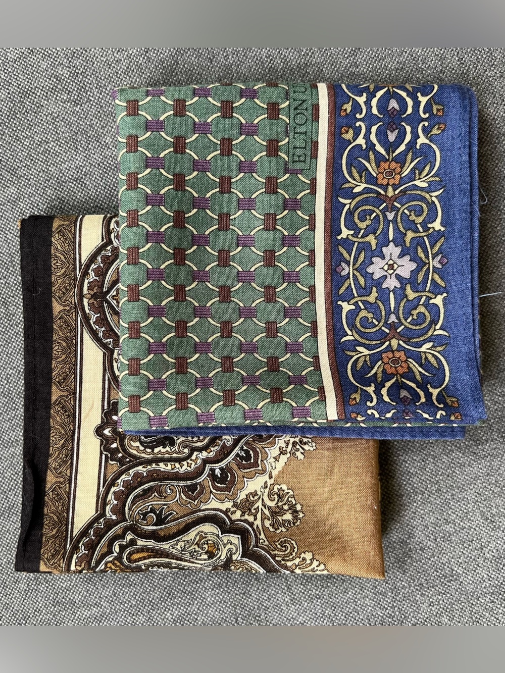 ELTON POLO PocketSquare Multi-Panel LANCEL Handkerchief Green Blue Brown Set 2